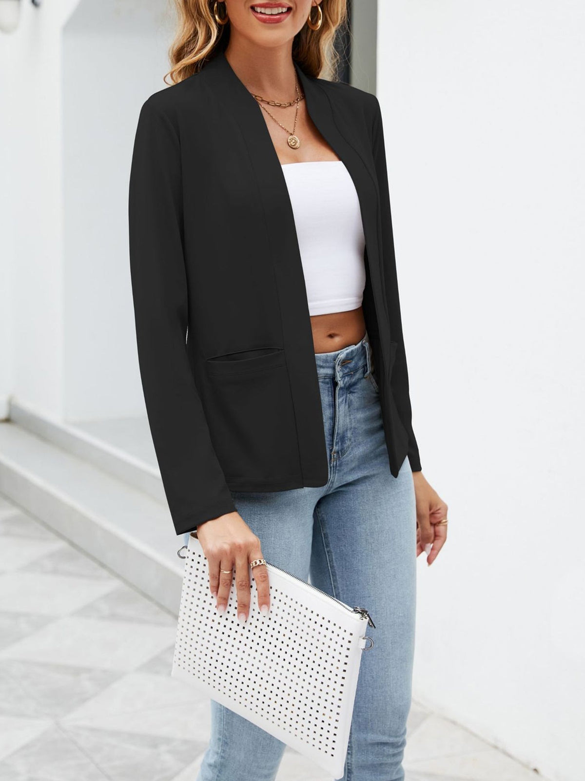 Collarless Open Front Pocketed Long Sleeves Jacket