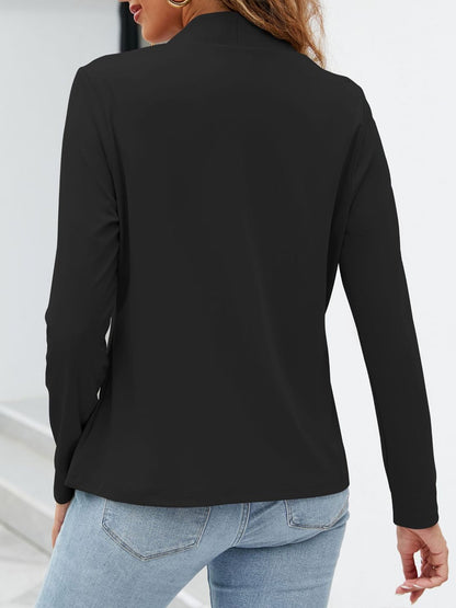 Collarless Open Front Pocketed Long Sleeves Jacket