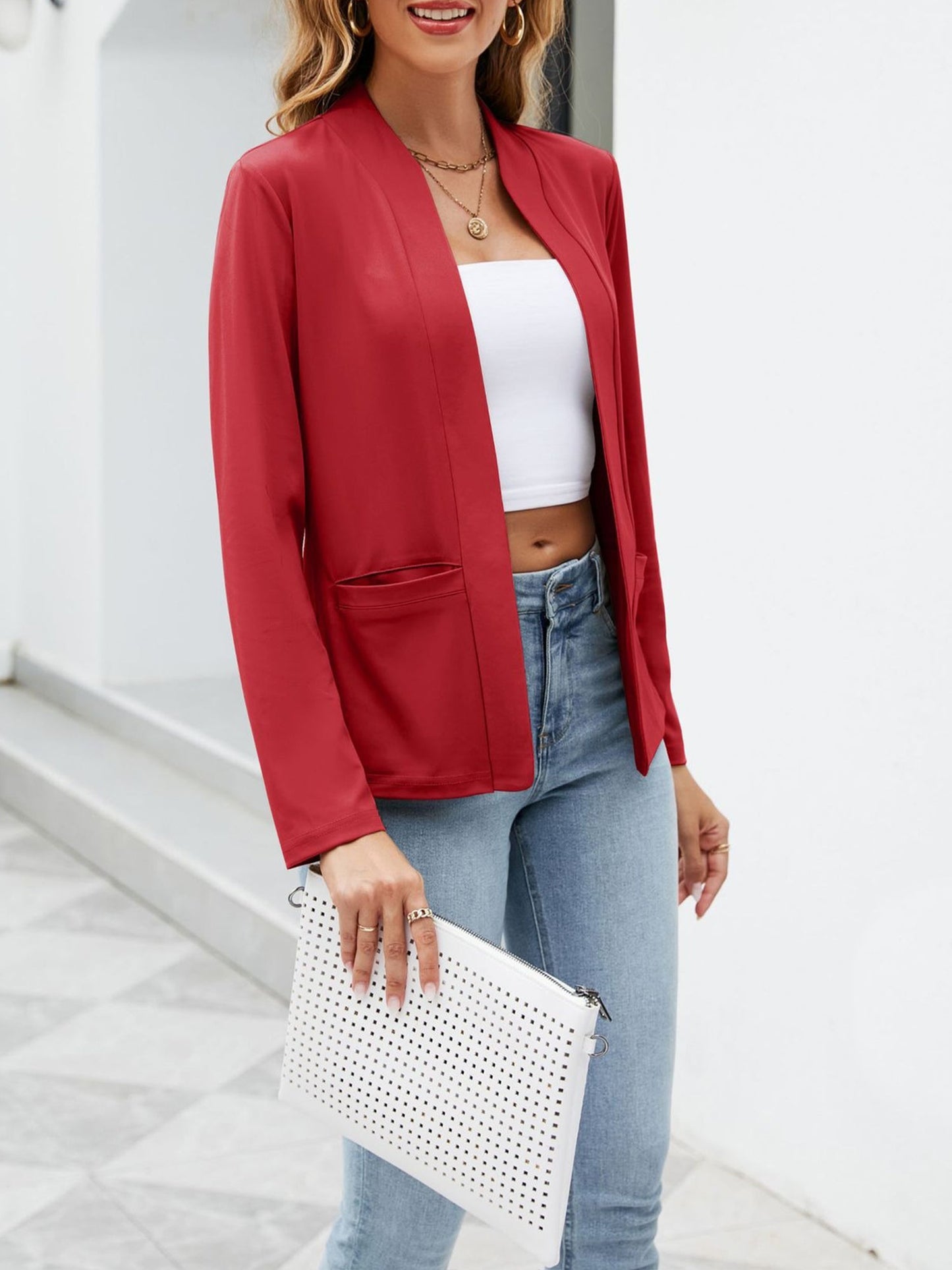 Collarless Open Front Pocketed Long Sleeves Jacket