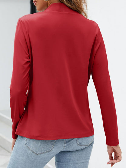 Collarless Open Front Pocketed Long Sleeves Jacket