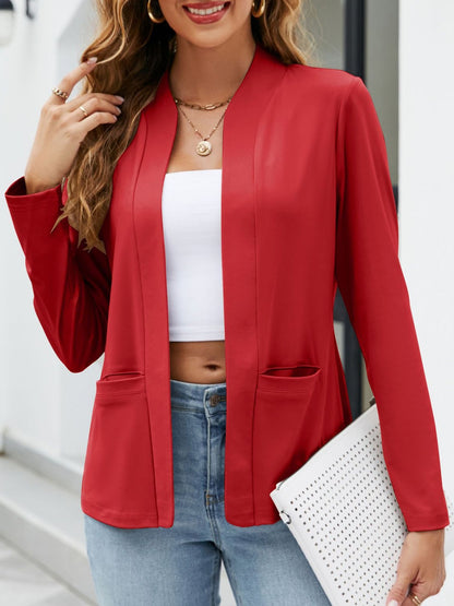 Collarless Open Front Pocketed Long Sleeves Jacket