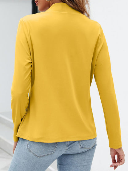 Collarless Open Front Pocketed Long Sleeves Jacket