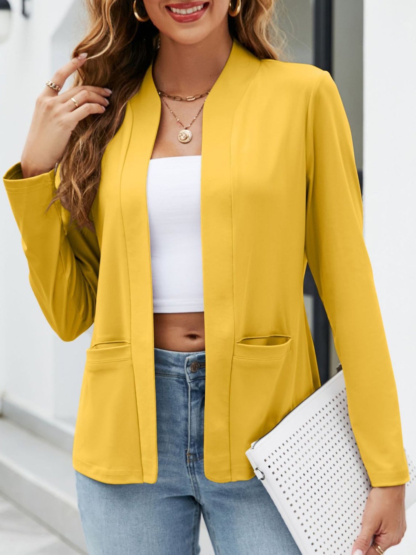 Collarless Open Front Pocketed Long Sleeves Jacket