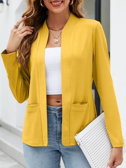 Collarless Open Front Pocketed Long Sleeves Jacket