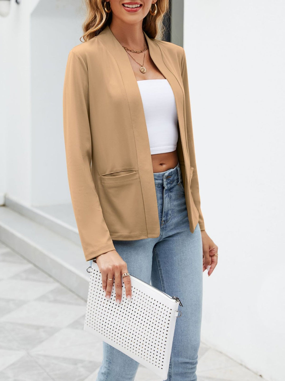 Collarless Open Front Pocketed Long Sleeves Jacket