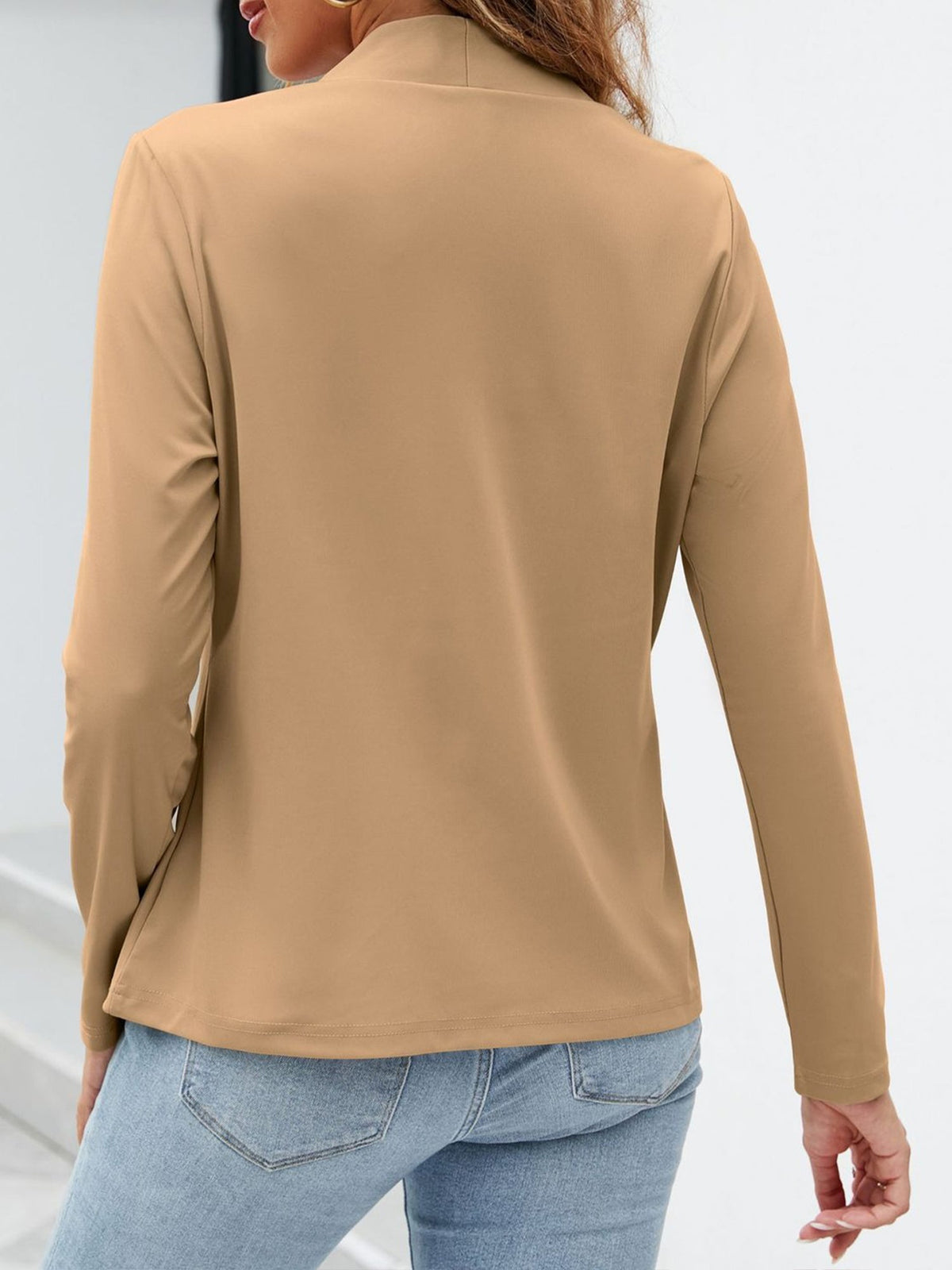 Collarless Open Front Pocketed Long Sleeves Jacket