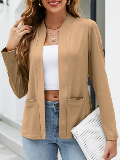 Collarless Open Front Pocketed Long Sleeves Jacket