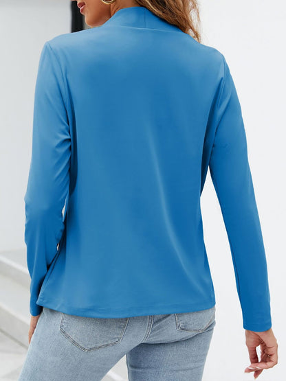 Collarless Open Front Pocketed Long Sleeves Jacket