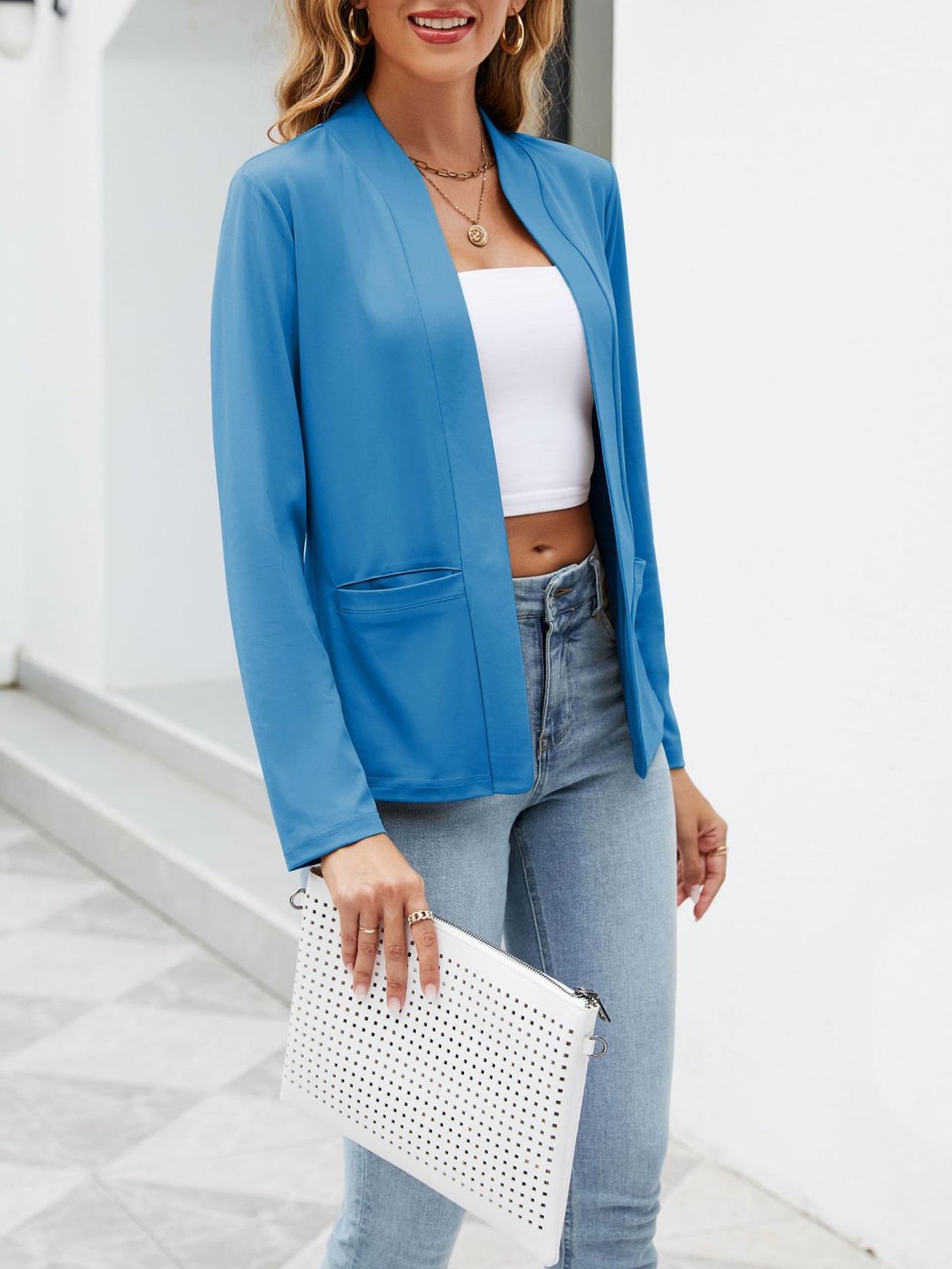 Collarless Open Front Pocketed Long Sleeves Jacket