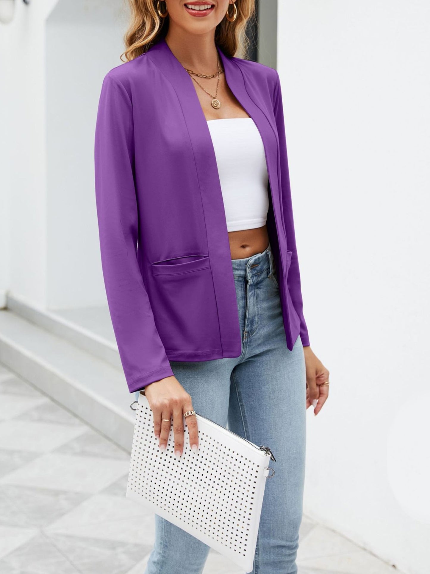 Collarless Open Front Pocketed Long Sleeves Jacket