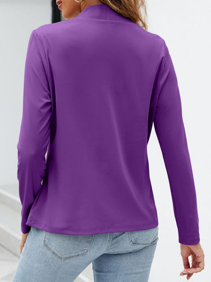 Collarless Open Front Pocketed Long Sleeves Jacket