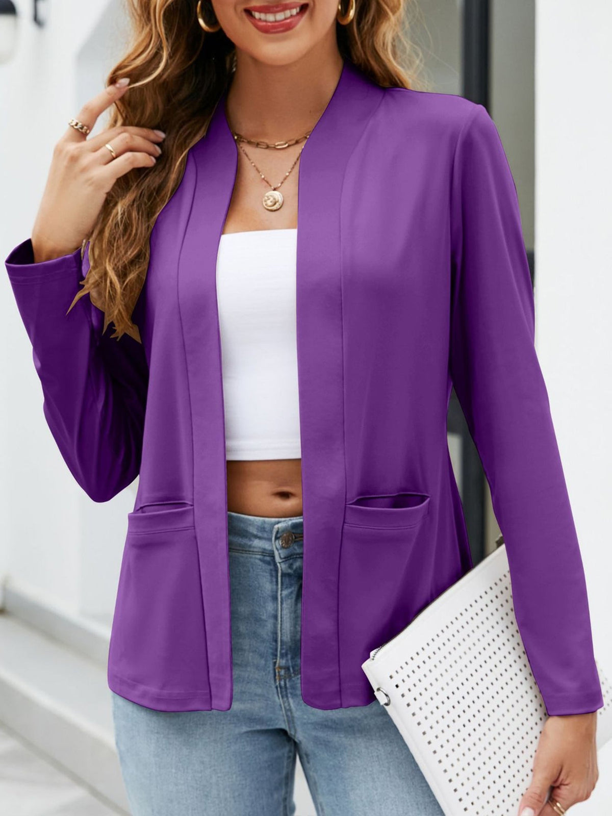 Collarless Open Front Pocketed Long Sleeves Jacket