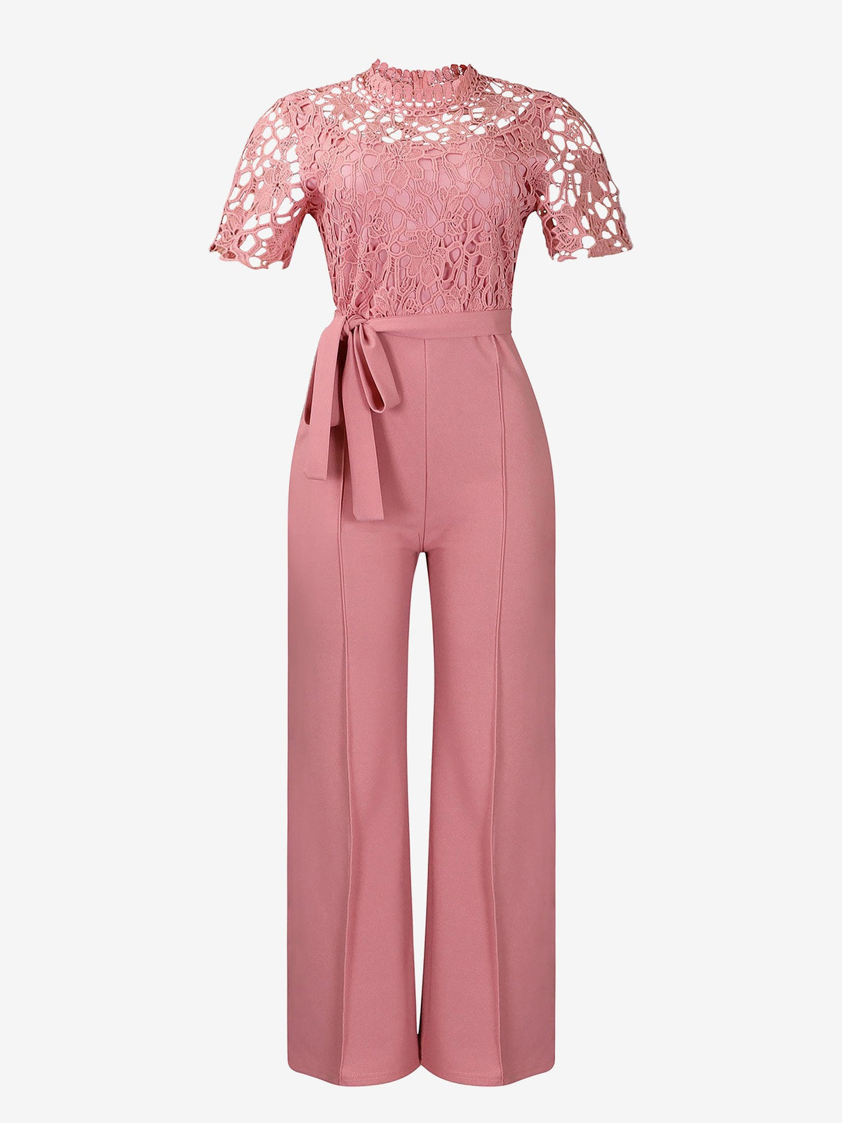 Lace Hollow Short Sleeves High Waist Straight Legs Jumpsuits