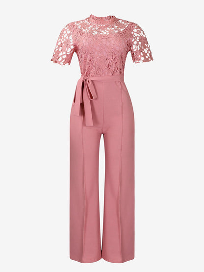 Lace Hollow Short Sleeves High Waist Straight Legs Jumpsuits