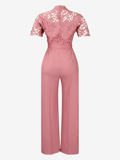 Lace Hollow Short Sleeves High Waist Straight Legs Jumpsuits