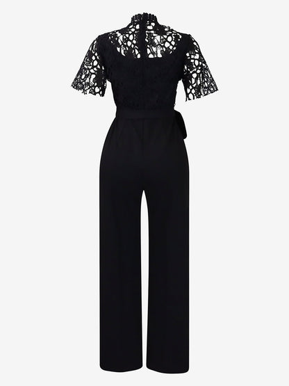 Lace Hollow Short Sleeves High Waist Straight Legs Jumpsuits