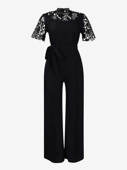 Lace Hollow Short Sleeves High Waist Straight Legs Jumpsuits