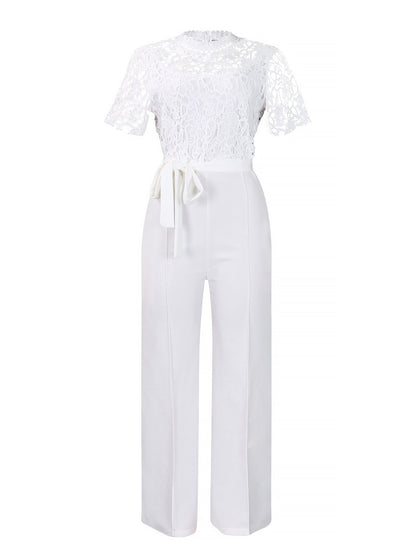 Lace Hollow Short Sleeves High Waist Straight Legs Jumpsuits