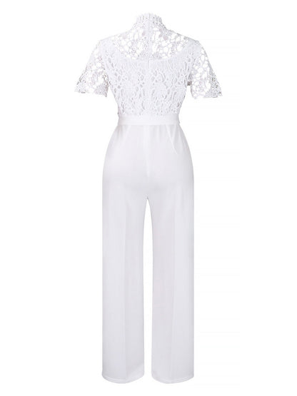 Lace Hollow Short Sleeves High Waist Straight Legs Jumpsuits