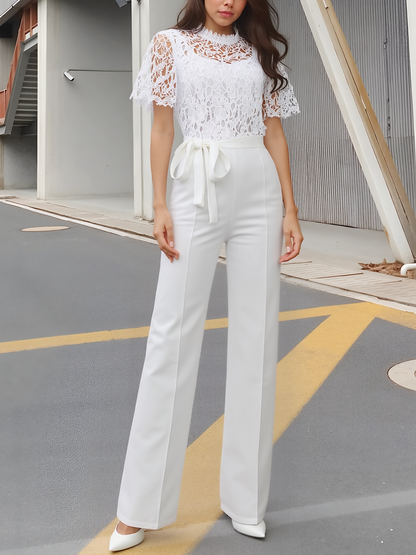 Lace Hollow Short Sleeves High Waist Straight Legs Jumpsuits