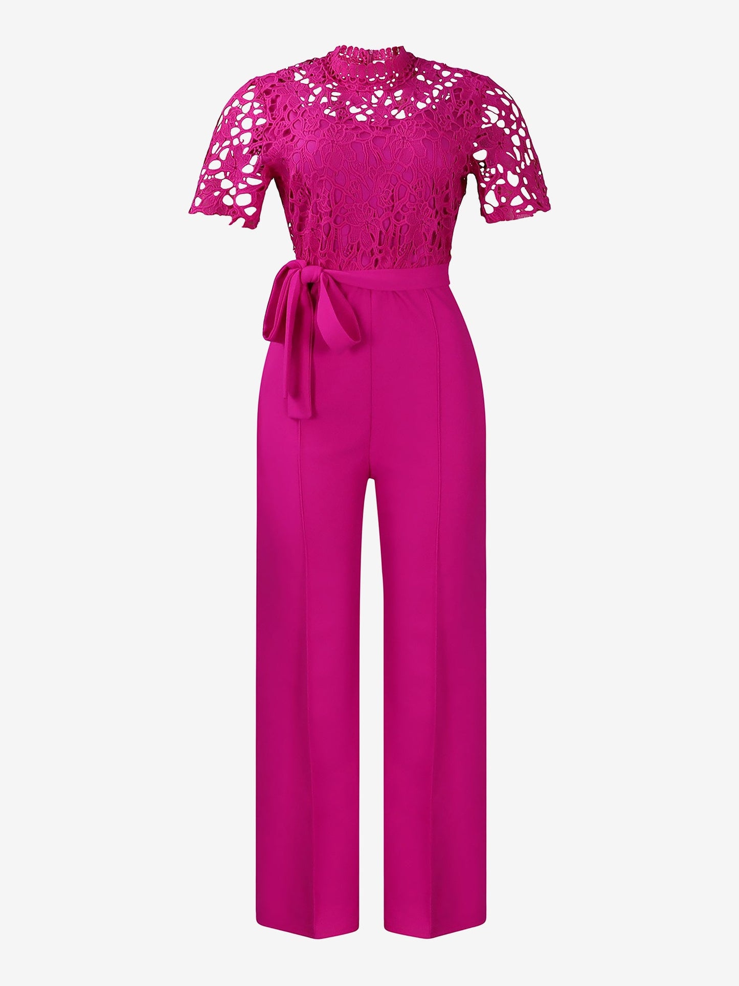 Lace Hollow Short Sleeves High Waist Straight Legs Jumpsuits
