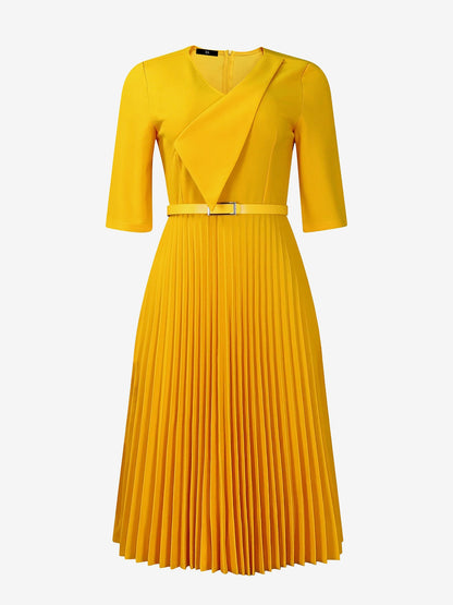 V Neck Short Sleeves Pleated Belted A-Line Midi Dress