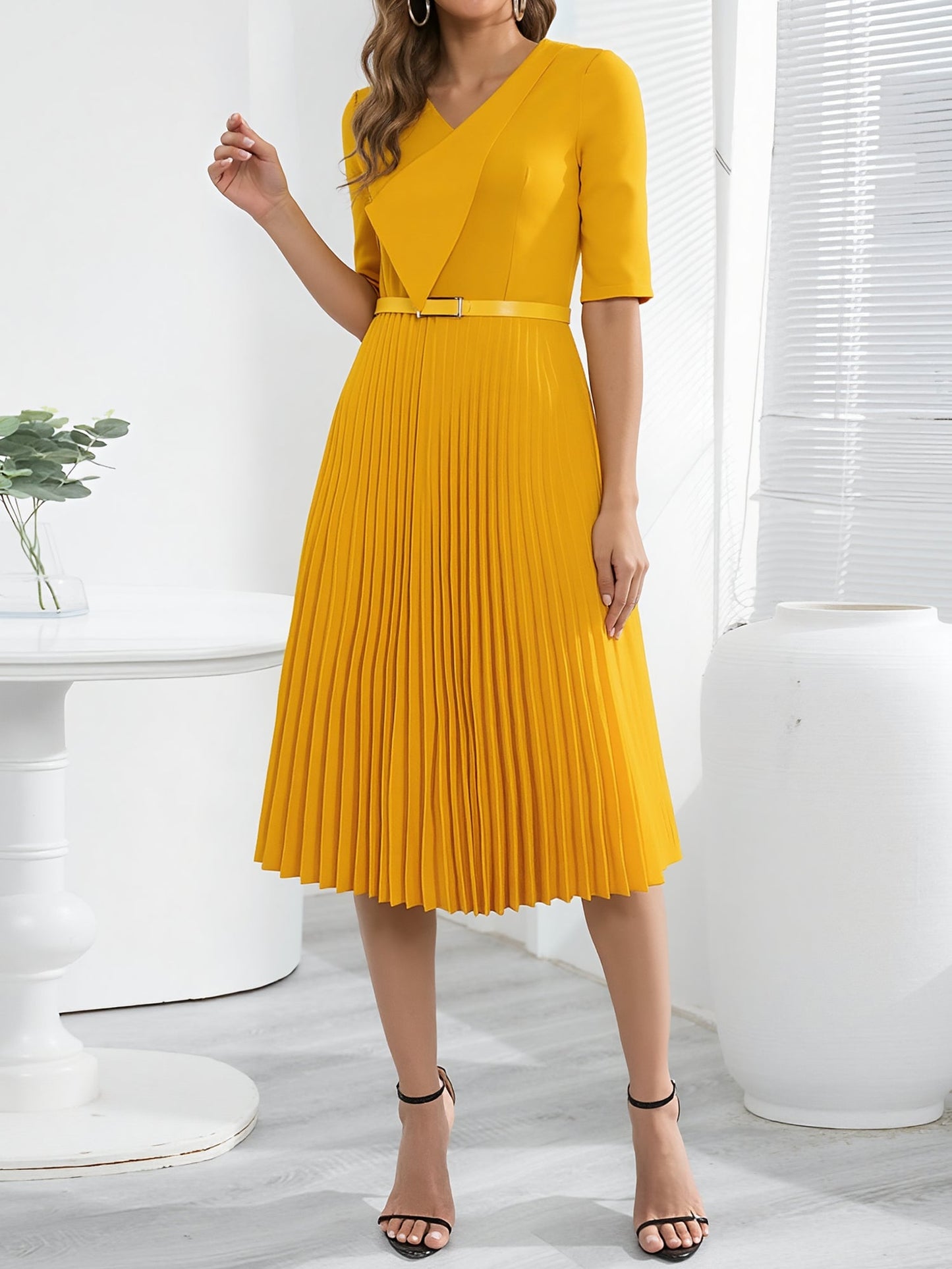 V Neck Short Sleeves Pleated Belted A-Line Midi Dress
