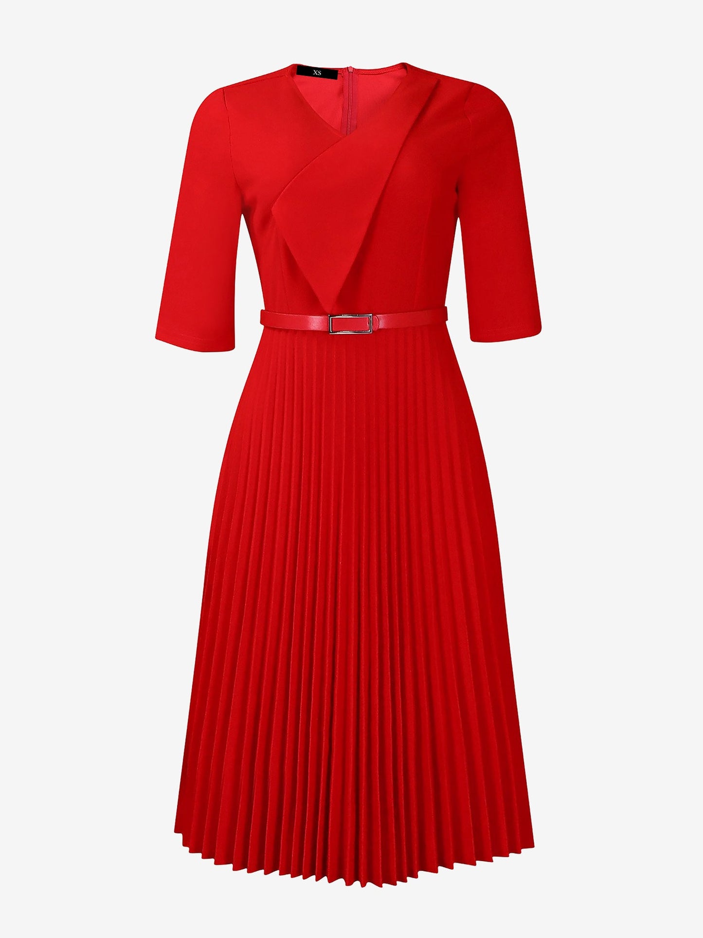 V Neck Short Sleeves Pleated Belted A-Line Midi Dress
