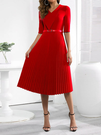 V Neck Short Sleeves Pleated Belted A-Line Midi Dress