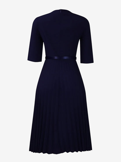 V Neck Short Sleeves Pleated Belted A-Line Midi Dress