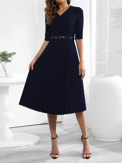 V Neck Short Sleeves Pleated Belted A-Line Midi Dress