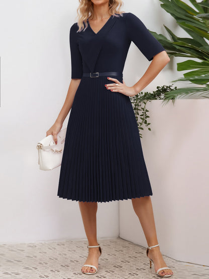 V Neck Short Sleeves Pleated Belted A-Line Midi Dress