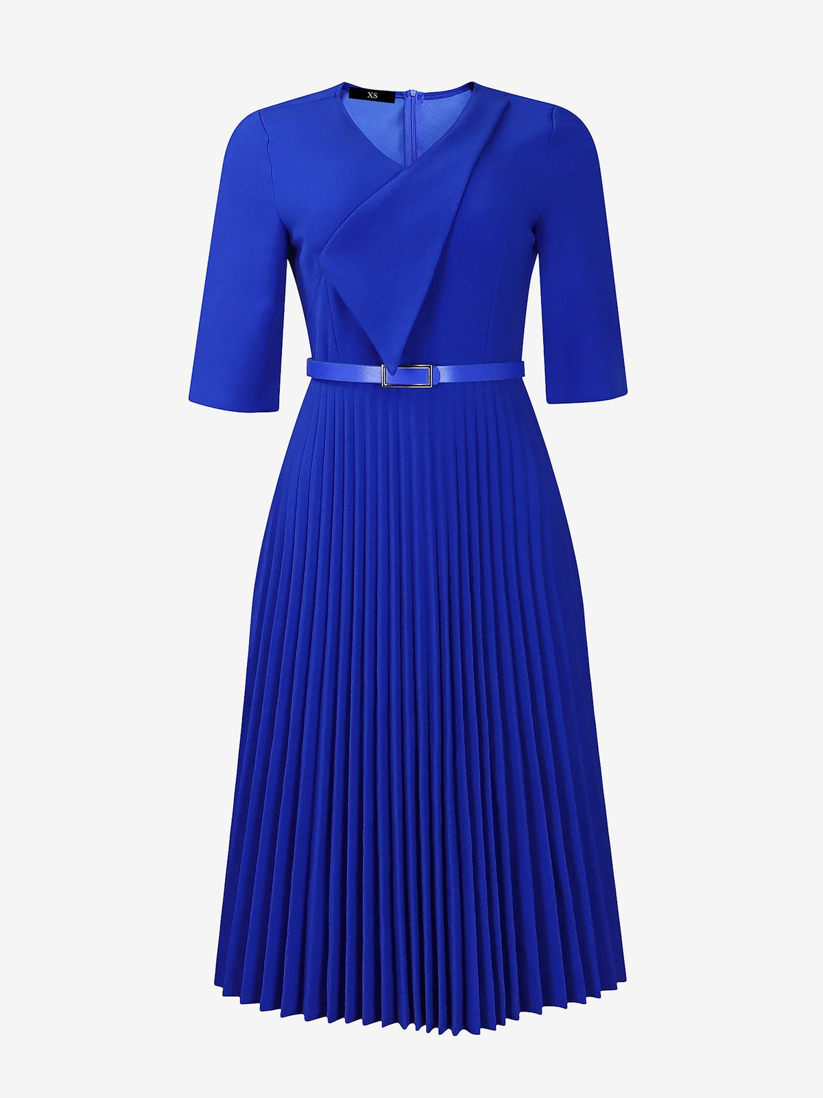 V Neck Short Sleeves Pleated Belted A-Line Midi Dress