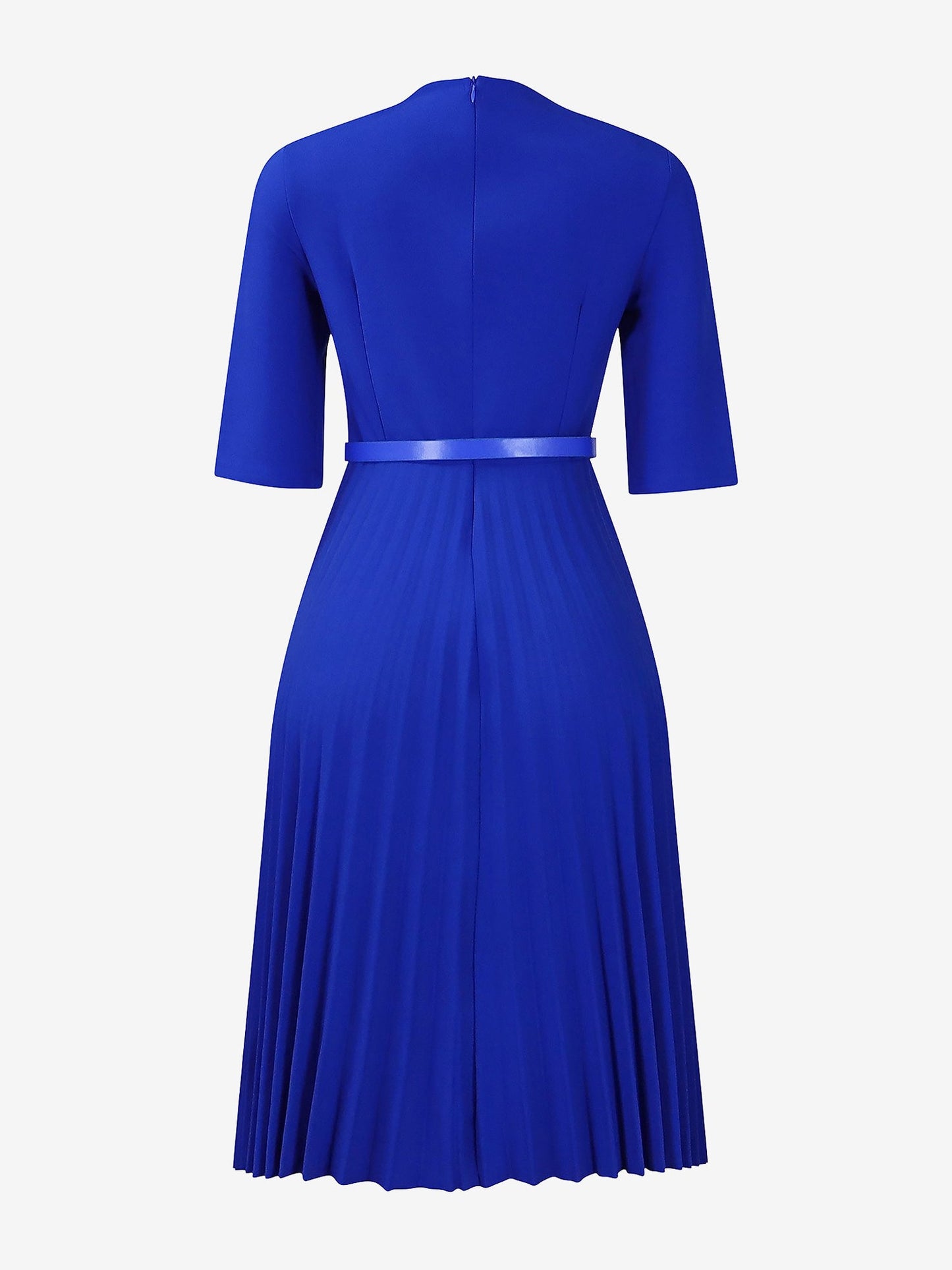 V Neck Short Sleeves Pleated Belted A-Line Midi Dress
