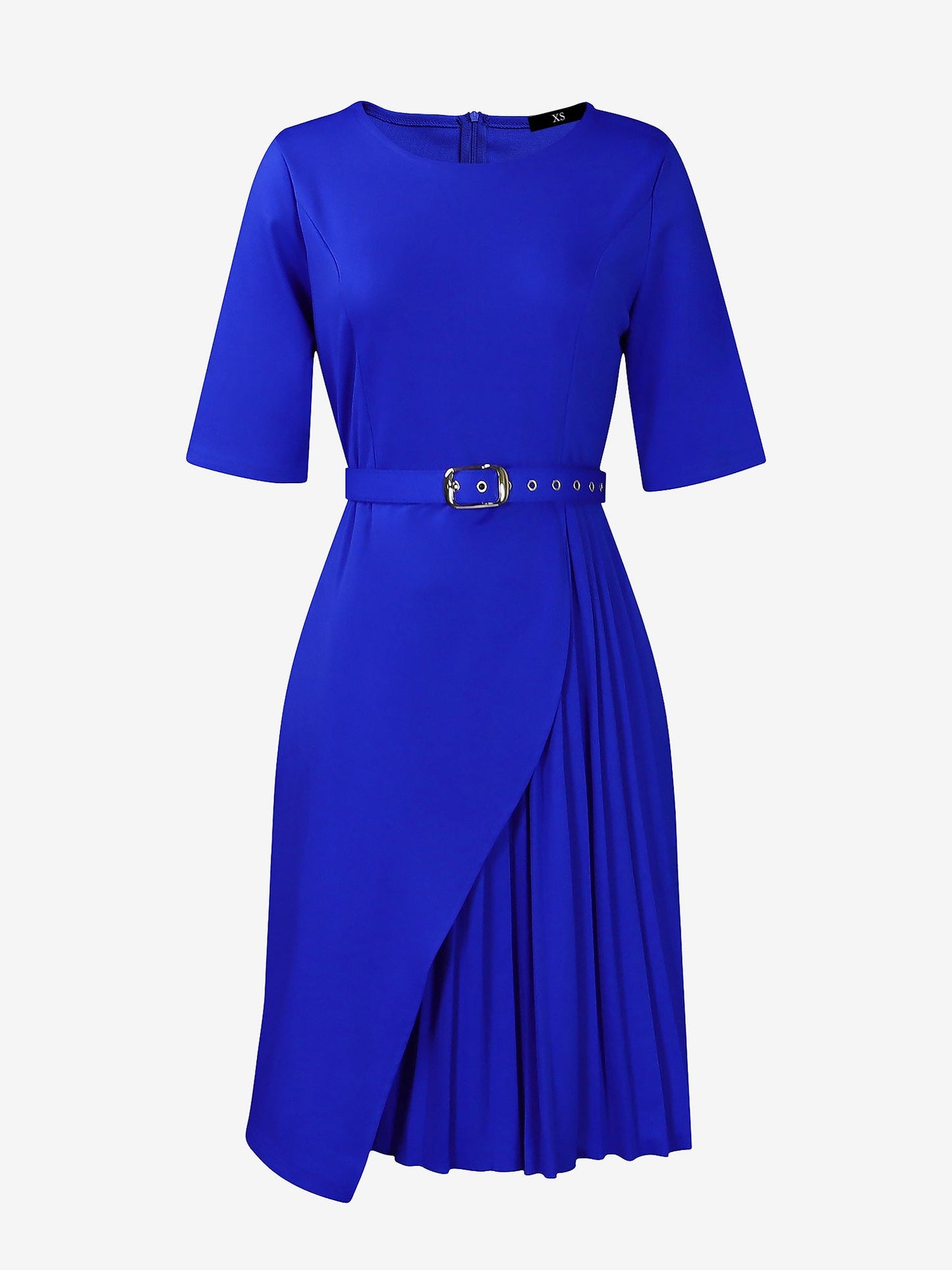 Round Neck Mid Sleeve Pleated Belted A-Line Dress