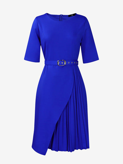 Round Neck Mid Sleeve Pleated Belted A-Line Dress
