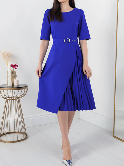 Round Neck Mid Sleeve Pleated Belted A-Line Dress