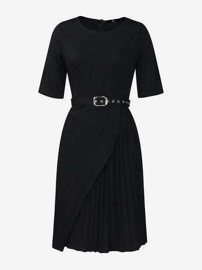 Round Neck Mid Sleeve Pleated Belted A-Line Dress