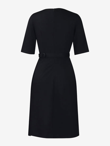 Round Neck Mid Sleeve Pleated Belted A-Line Dress