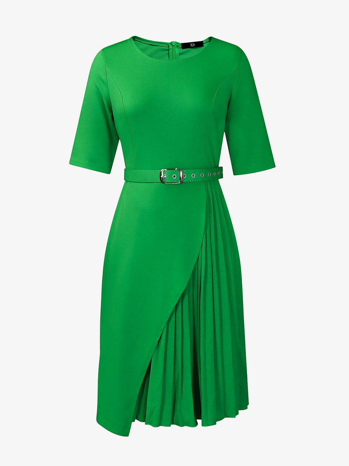 Round Neck Mid Sleeve Pleated Belted A-Line Dress