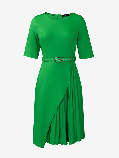 Round Neck Mid Sleeve Pleated Belted A-Line Dress