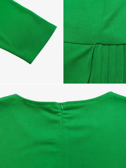 Round Neck Mid Sleeve Pleated Belted A-Line Dress