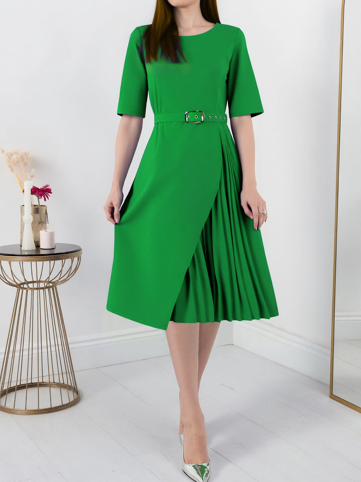 Round Neck Mid Sleeve Pleated Belted A-Line Dress