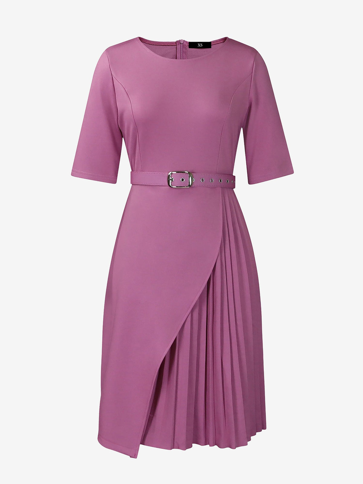 Round Neck Mid Sleeve Pleated Belted A-Line Dress