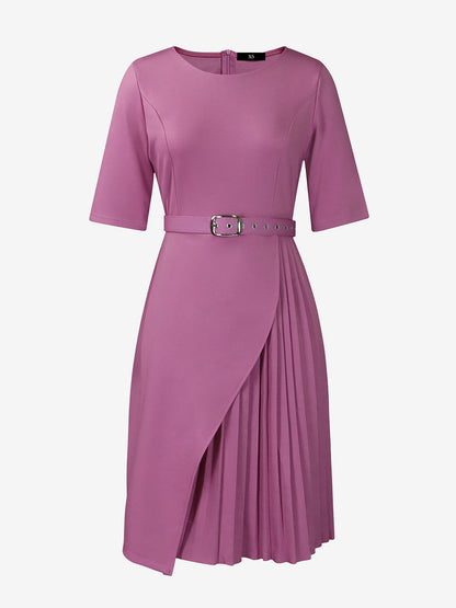Round Neck Mid Sleeve Pleated Belted A-Line Dress