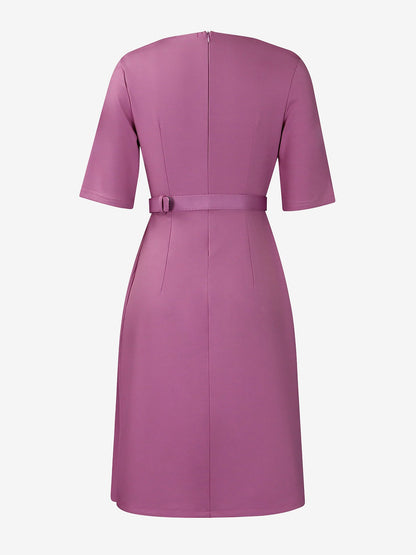 Round Neck Mid Sleeve Pleated Belted A-Line Dress