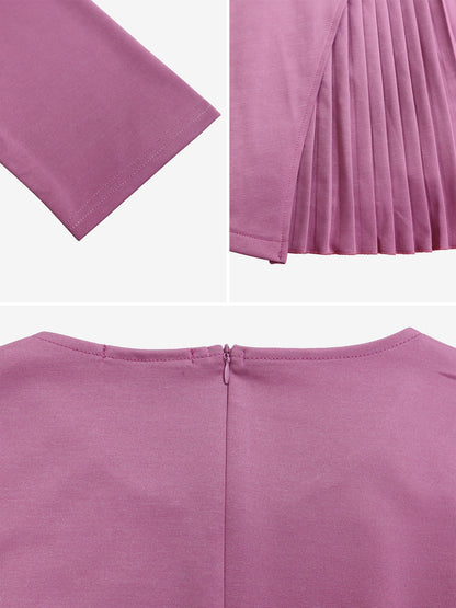 Round Neck Mid Sleeve Pleated Belted A-Line Dress