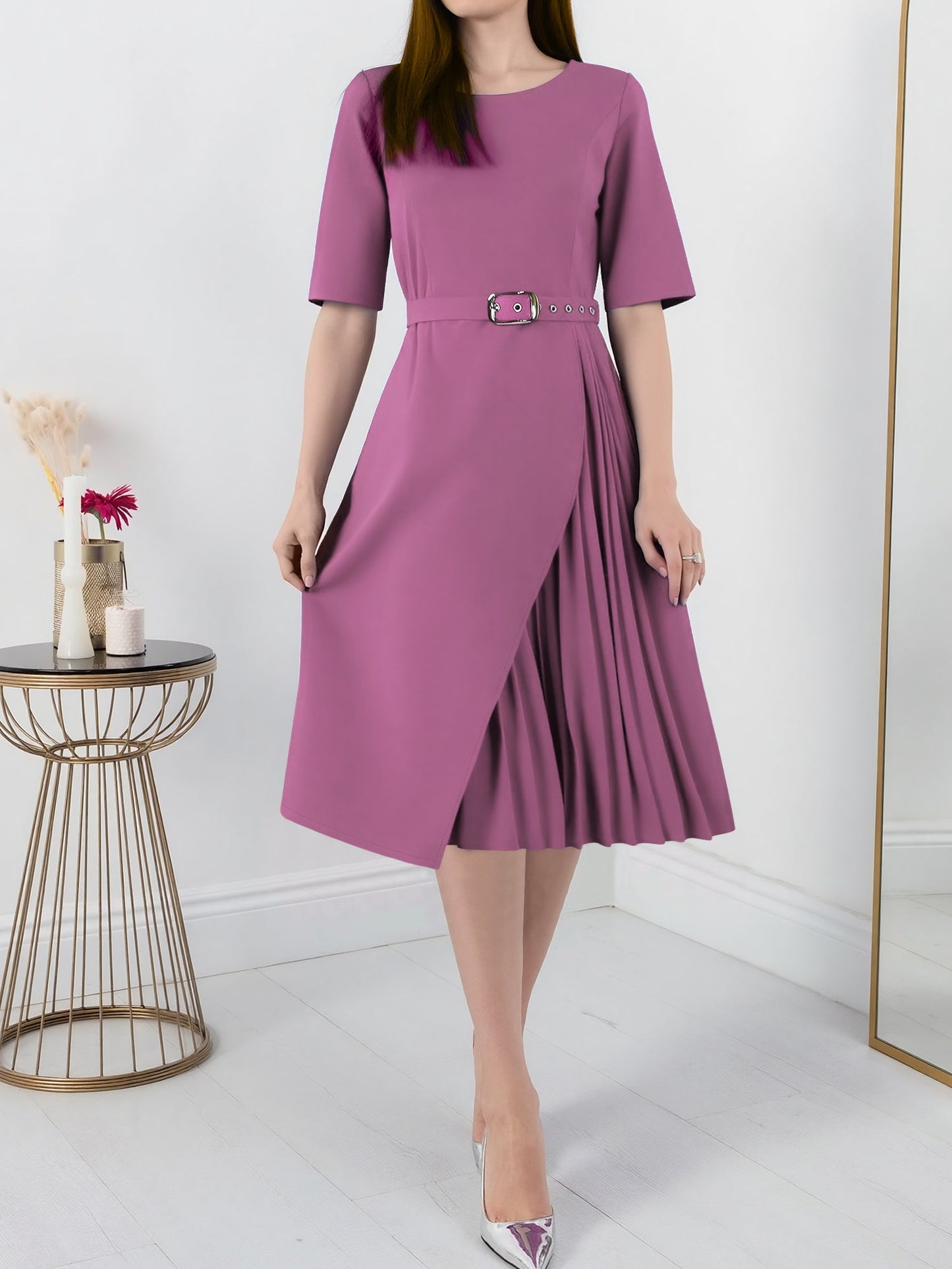 Round Neck Mid Sleeve Pleated Belted A-Line Dress