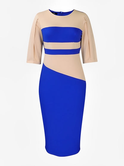 Colorblock Round Neck 3/4 Sleeves Sheath Dress