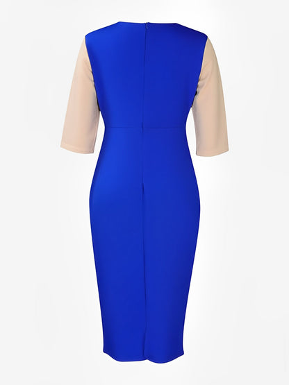 Colorblock Round Neck 3/4 Sleeves Sheath Dress
